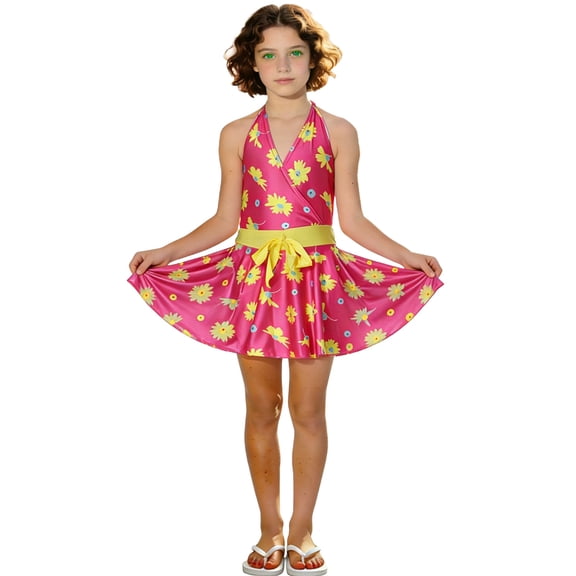 Hellosay Teen Girl Swimsuits One Piece Strecth Spaghetti One Piece Adjustable Straps Bathing suit Floral Swimwear Pink