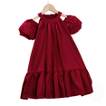 thumbnail image 2 of LYMAYTER 3-7Y Toddler Girls Casual Summer Dress Kids Puff Sleeve Halter Neck Off Shoulder Ruffle Party Dress, 2 of 8