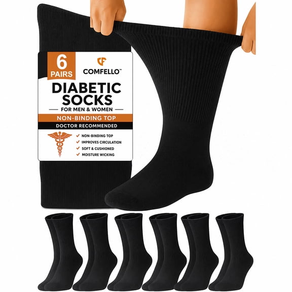 Comfello 3 Pairs Men's Diabetic Socks, Non-Binding Crew Socks, Extra Wide 9-11 Black