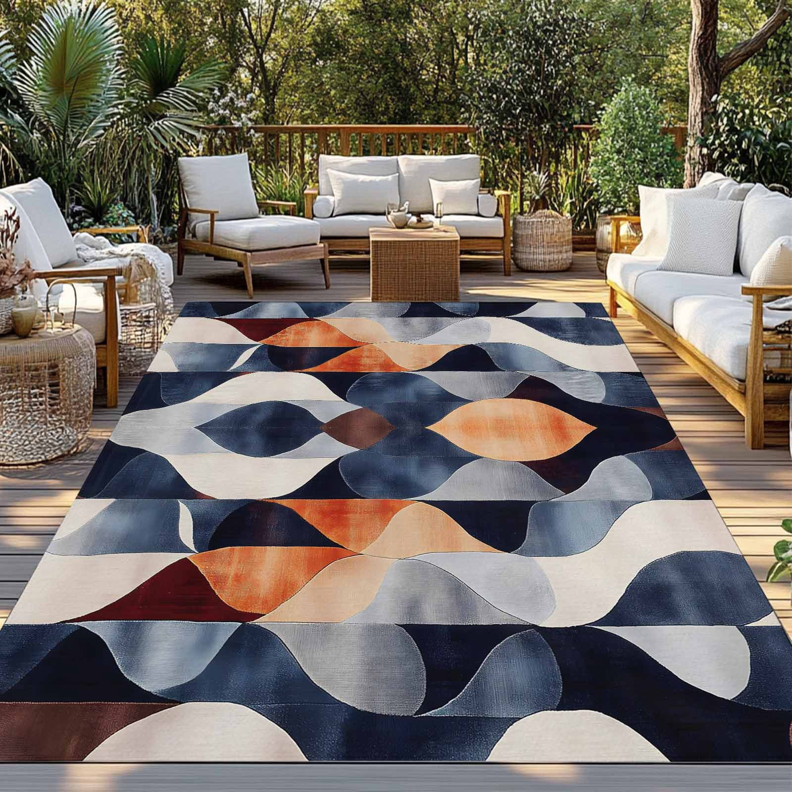 Navy Blue Burnt Orange Outdoor Rug 5x8 Ft - Reversible Patio Rug Outdoor Camping Rugs, Geometric Retro Abstract Washable Indoor Outdoor Area Rugs, Non-Slip Outdoor Carpet Runner for Deck/Porch