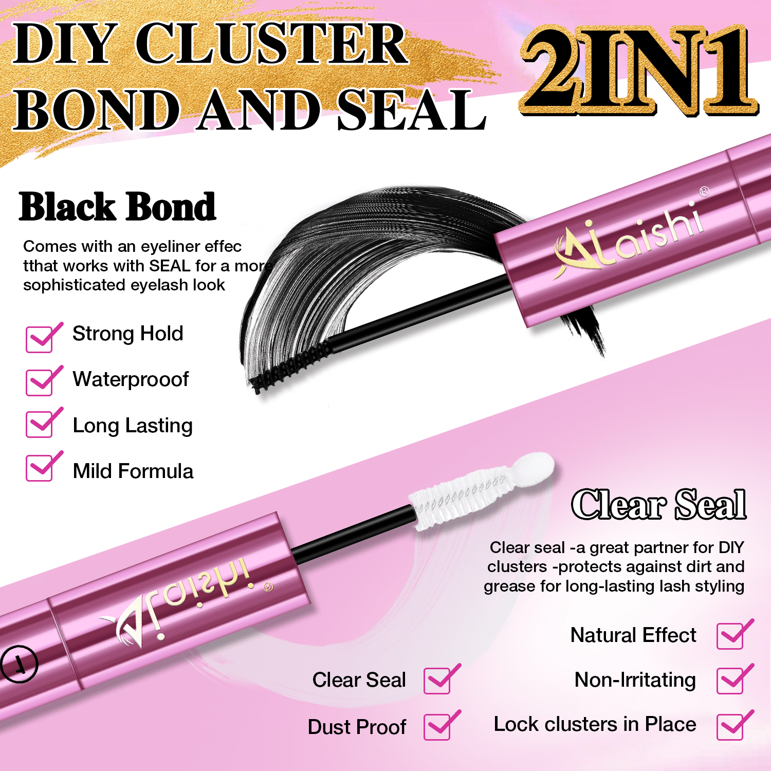 Lash Clusters Glue, Eyelash Bond and Seal, Long-Lasting 150H Waterproof, Non-Irritating Lash Extension Glue for DIY Individual Lashes at Home (Black-5ml+5ml)