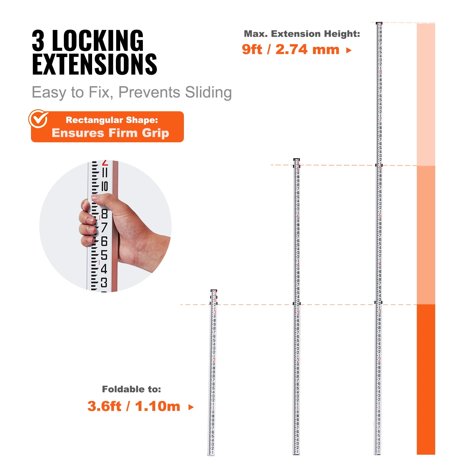 VEVOR Aluminum Grade Rod,9-Feet/8ths 3 Sections Telescopic Measuring Rod,Double-Sided Scale 1/8in Leveling Rod Stick,Aluminum Alloy Survey Rod with Bubble Level &Carrying Bag for Houses,Walls,Floors