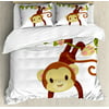Nursery Queen Size Duvet Cover Set, Cute Cartoon Monkey Hanging on Liana Playful Safari Character Cartoon Mascot, Decorative 3 Piece Bedding Set with 2 Pillow Shams, Brown Green Pink, by Ambesonne