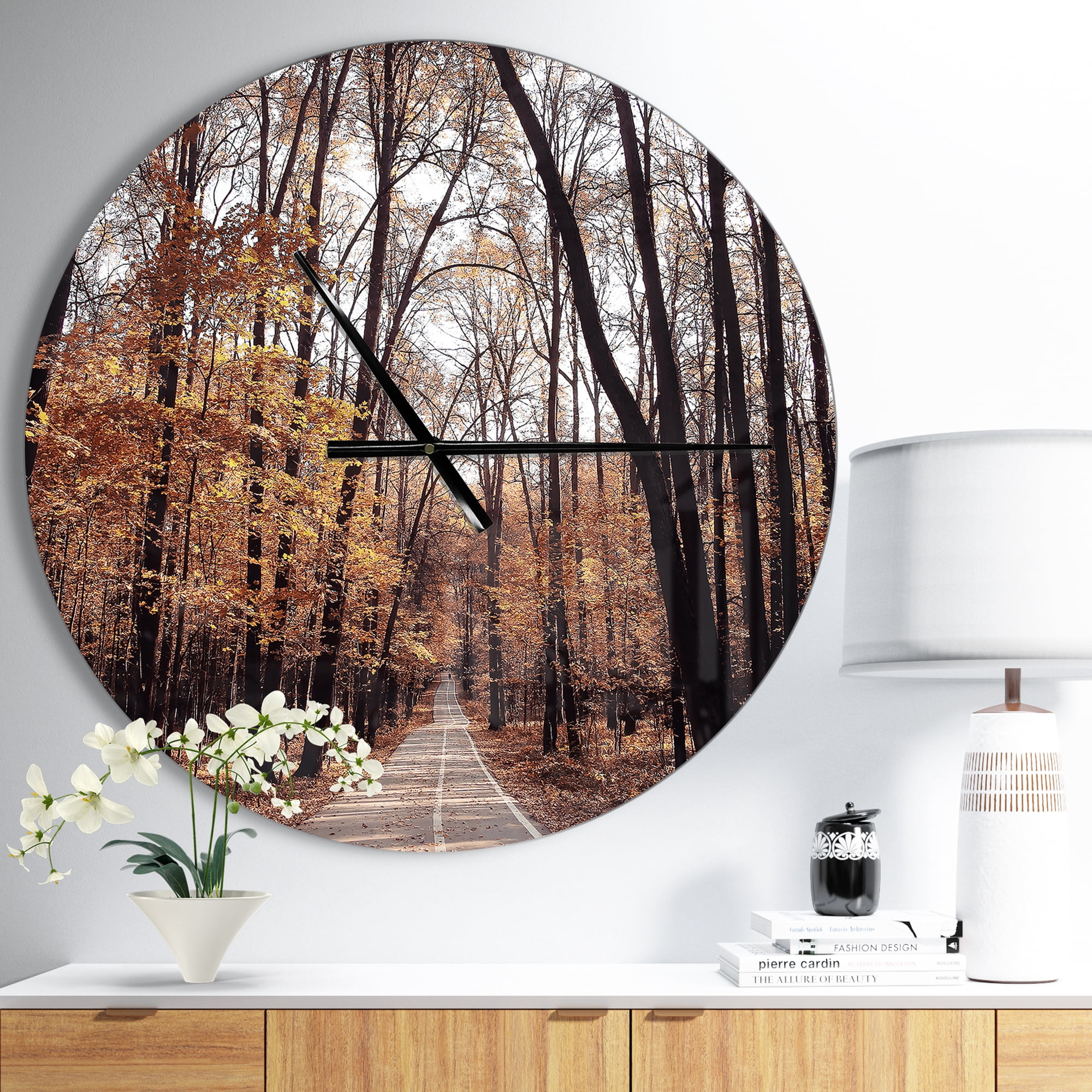 Designart 'Road in Autumn Golden Forest ' Modern wall clock