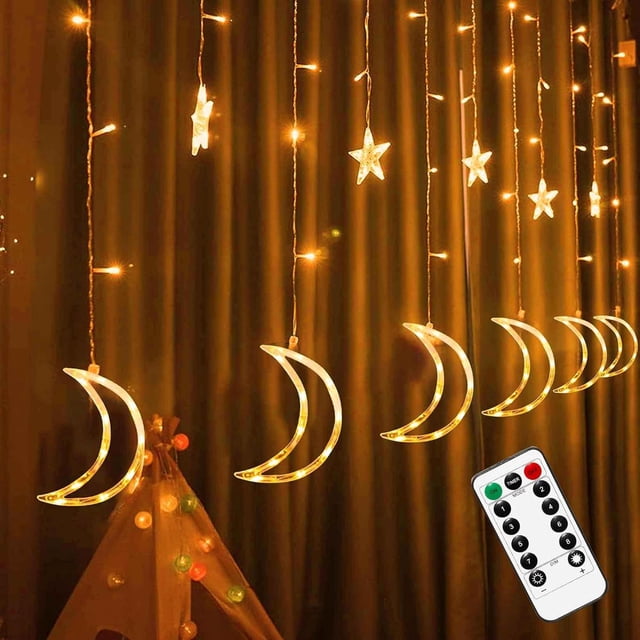 EIMELI 138 LED Star and Moon Fairy Lights Contemporary USB Powered Indoor String Lights with Remote Control 8 Modes Plastic Decor for Valentine‘S Day Ramadan Christmas and Wedding De
