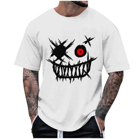 LEKWK Mens Tshirts Graphic Horror Scribble Smile Print Short Sleeve Shirts Crew Neck Vintage T Shirts Grunge Gothic Halloween Party Novelty Streetwear Tee