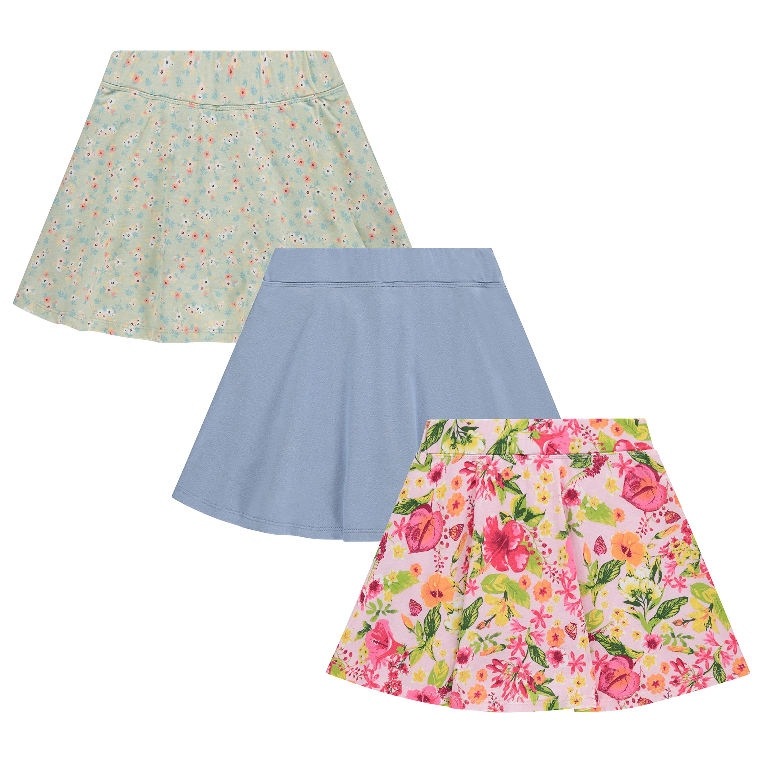 BTween 3 Pack Skorts for Girls - Kids Scooter Skirts - Skirt Layered Shorts  - Floral Green/Pink, Solid Blue, Size 4-5 