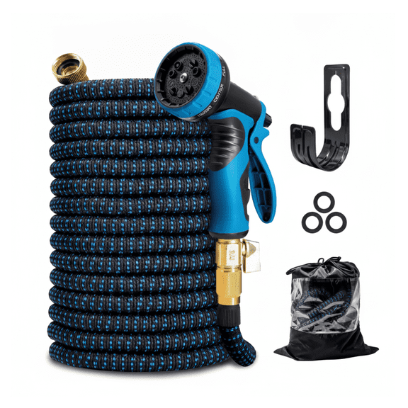 100 ft Flexible Garden Hose, Water Hose for Outside with 10 Spray Nozzles, Brass Connector, Leak-Proof, Blue