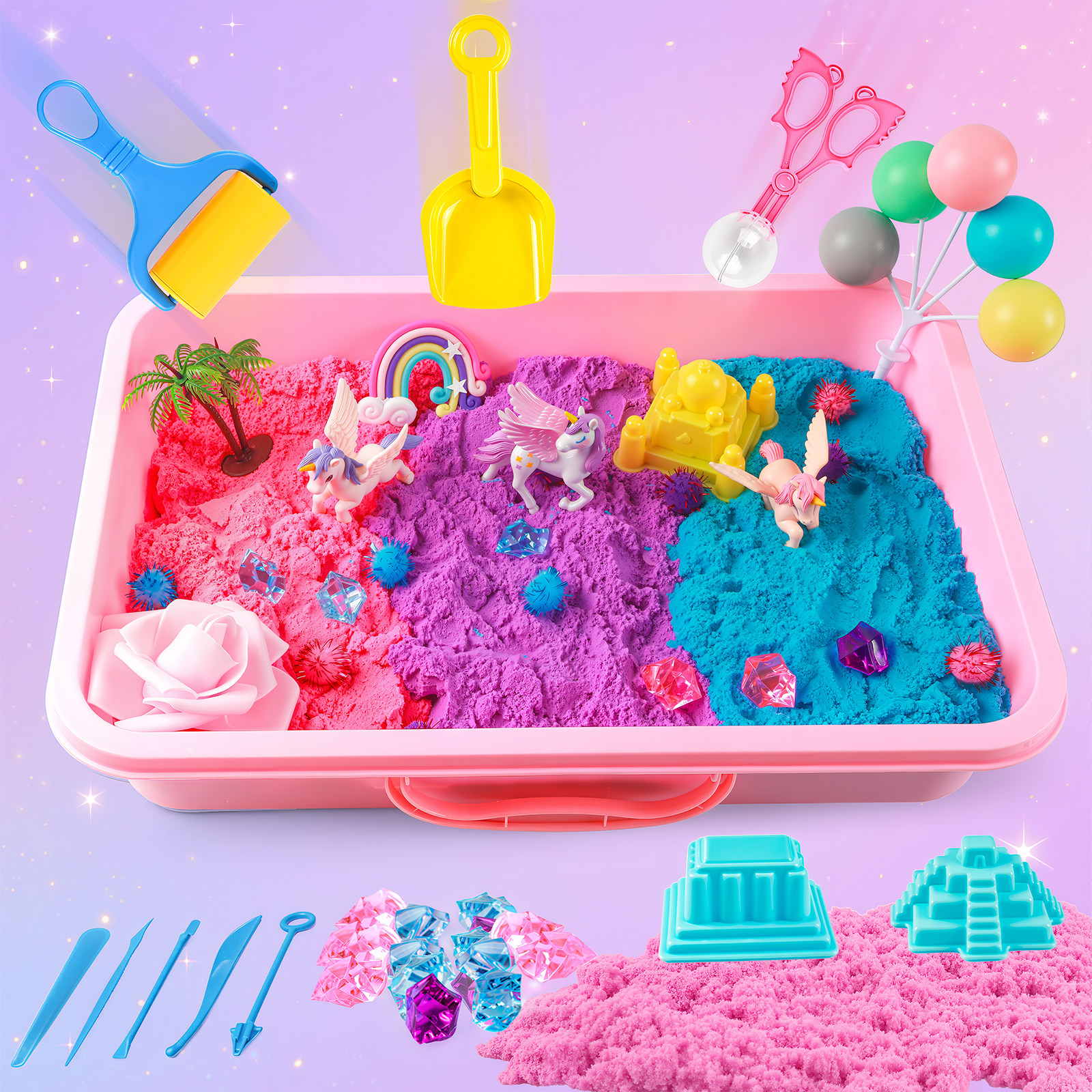 Mydova Unicorn Sensory Sand Kit for Girls Ages 3-8 – 3.3lbs Colorful Play Sand, Unicorn Toys, Castle & Ice Cream Molds, Tools & Sandbox with Lid – Great Christmas & Birthday Magic Sand Gift