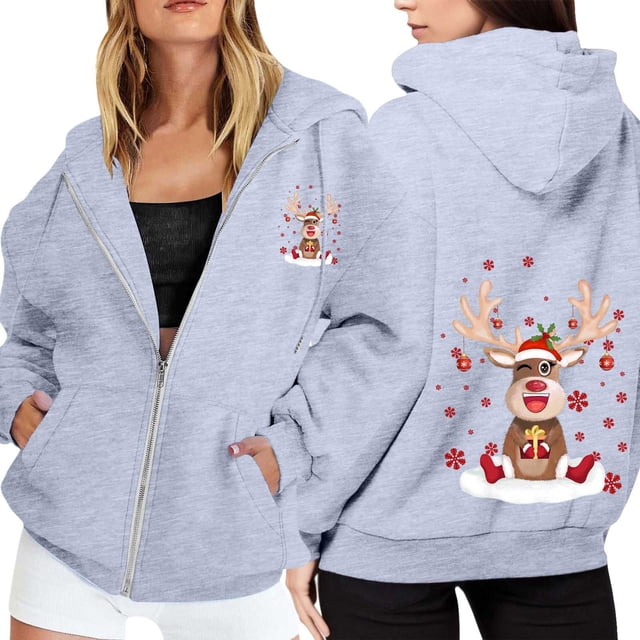 WILLBEST Sudadera de Mujer con Estampado Navideño, Cremallera, Manga Larga, Bolsillo, Cordón Ajustable y Capucha Informal 2182 Grande