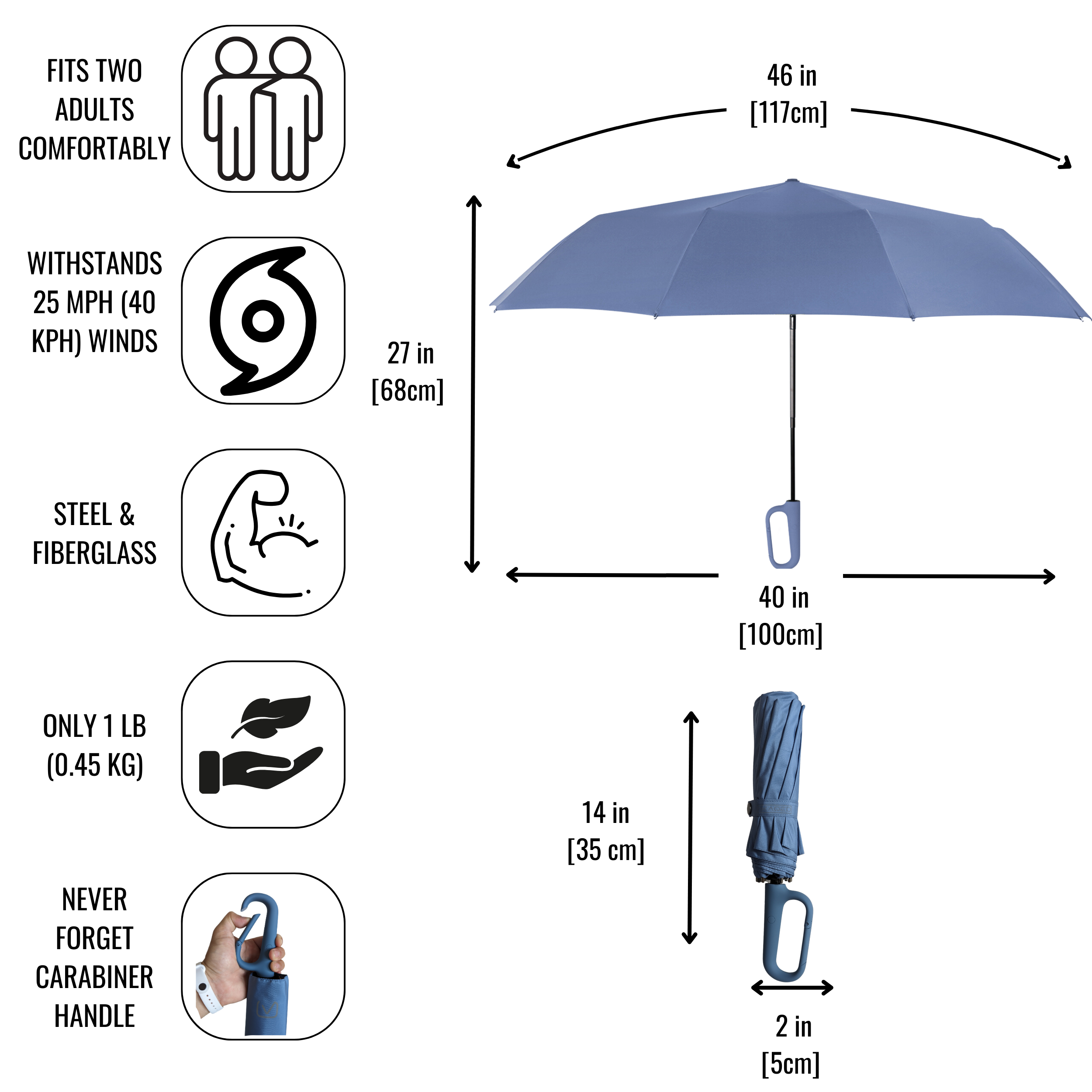 URBN ELEMNTS Compact Travel Umbrella, Soft Latch Carabiner Handle, Auto Open Close, Steel, Rapid Dry, Blue, 1 Count