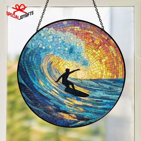 Surfing Stained Glass Suncatcher, Surfboard Suncatcher, Sea Wave Stained Glass Suncatcher, Ocean Suncatcher Window Hanging, Beach Lover Gift