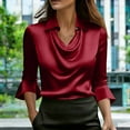 thumbnail image 3 of ZQGJB Womens Elegant Cowl Neck Satin Blouse Ruffled 3/4 Length Sleeve Collared T-Shirts Tops Dressy Business Casual Office Work Silk Shirt Fall Spring Outfits Red S, 3 of 9