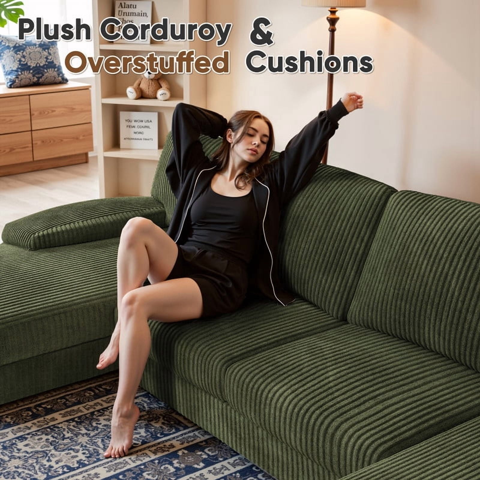 Furmax U Shaped Sectional Sofa Couch with Double Chaise for Apartments,Corduroy Green