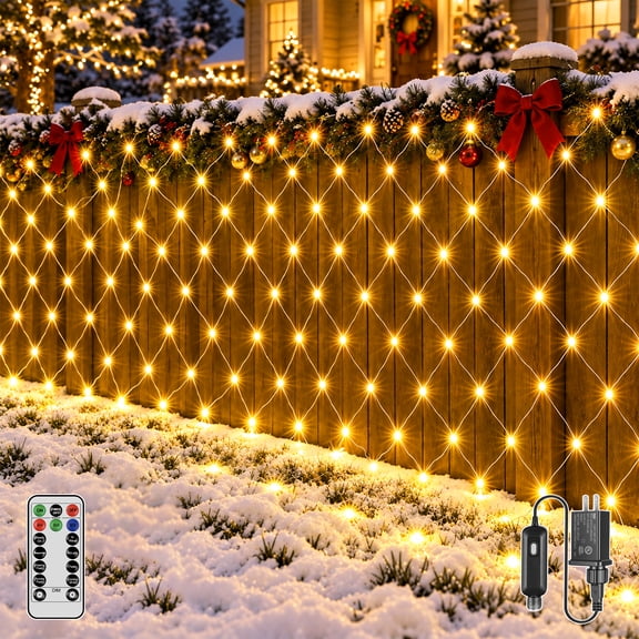 Guhope 210 LED Christmas Net Lights, 10 x 7 ft Outdoor Mesh Lights, IP67 Waterproof Plug-in, 8 Modes Dimmable Timer Connectable for Tree Wall Bush Outside, Warm White