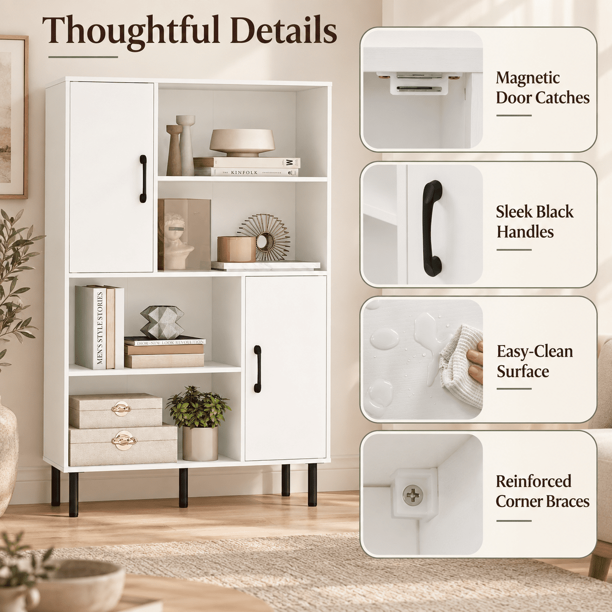 Furnibear 47 Inch Storage Cabinet Freestanding Bookcase Bookshelf with 2 Doors and 4 Open Shelves for Living Room Home Office Bedroom Kitchen Display Storage, White