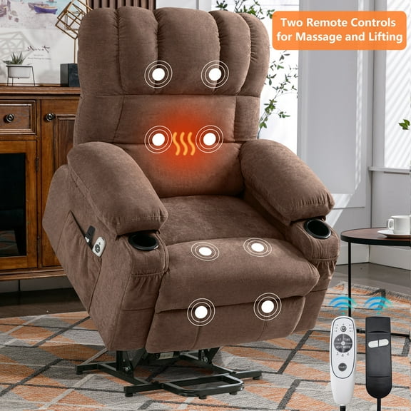 HSUNNS Power Lift Recliner Chair for Elderly, Electric Recliners with Heat and Massage, USB Charge Port, Cup Holders, Infinite Position and Side Pockets, Fabric Single Sofa for Living Room, Brown