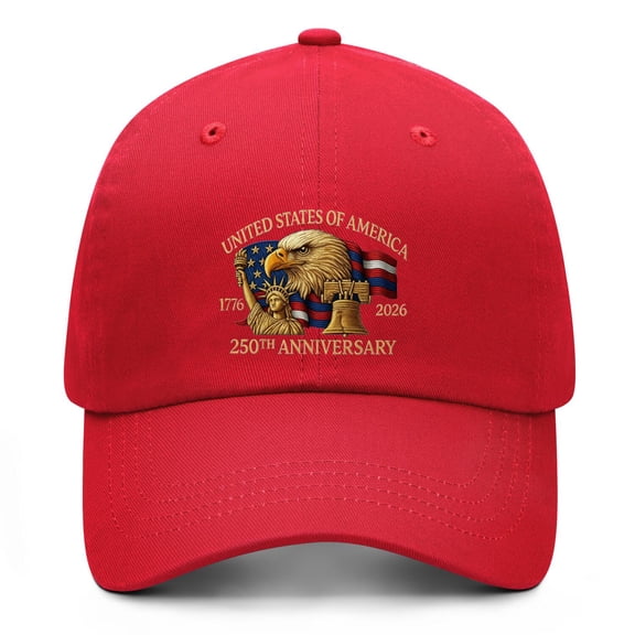 USA 250th Anniversary Red Baseball Cap Featuring Printed Patriotic Artwork with Adjustable Strap for Men Women and Everyday Outdoor Activities
