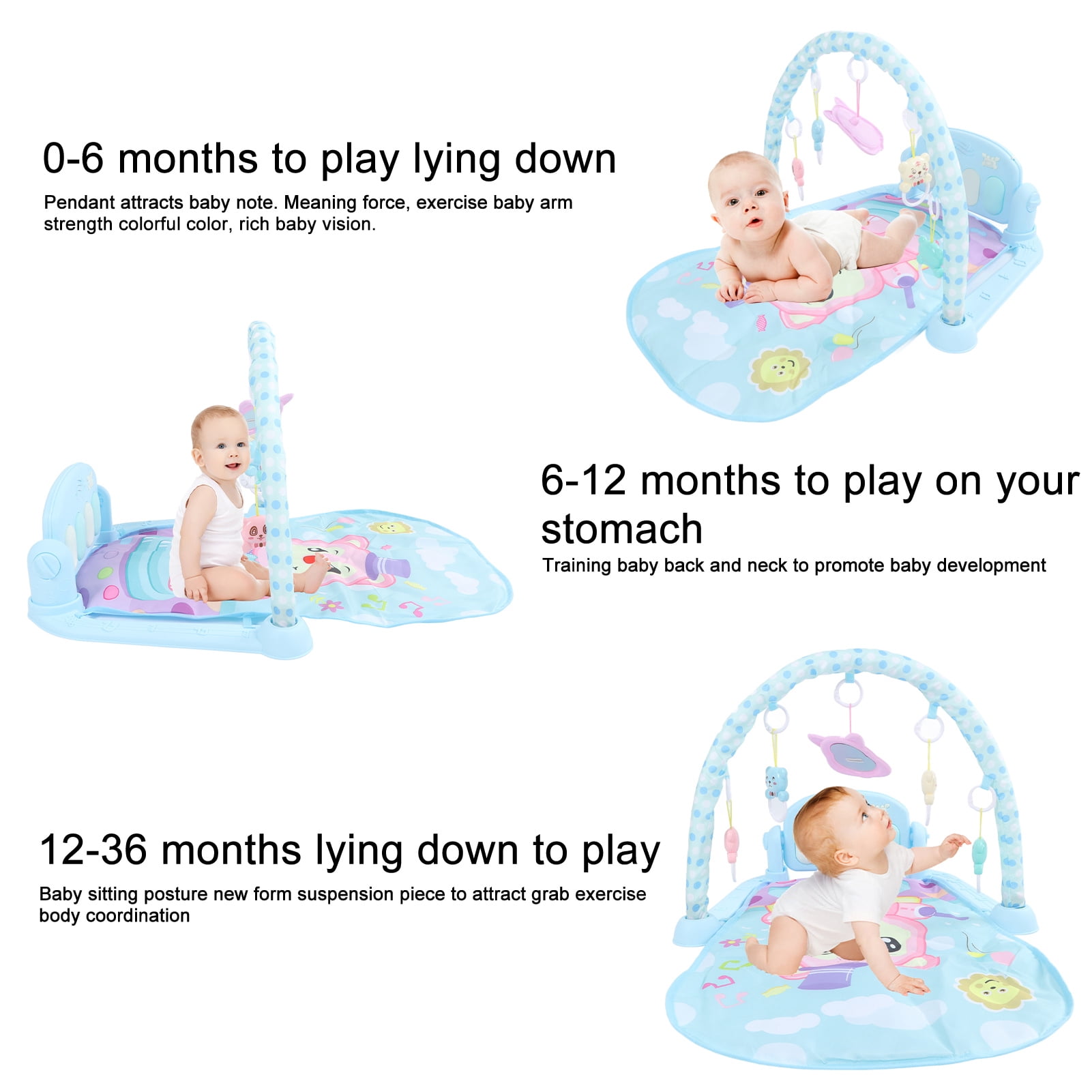 M Buder Baby Gym Play Mat, 3-in-1 Infant Activity Center with Musical Piano, Kick and Play Tummy Time Padded Toy, Blue (17.32 in / 44 cm)