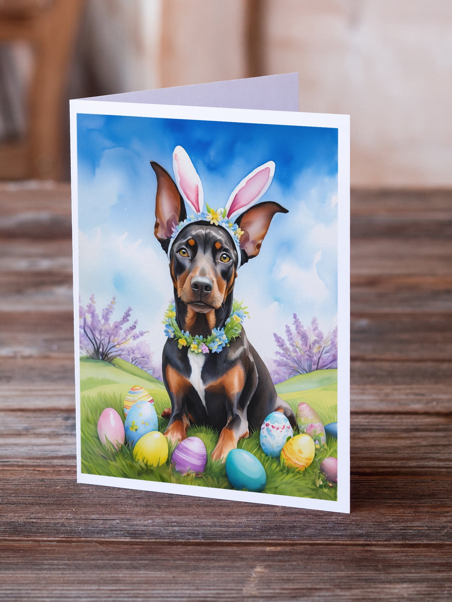 Doberman Pinscher Easter Egg Hunt Greeting Cards Pack of 8 7 in x 5 in