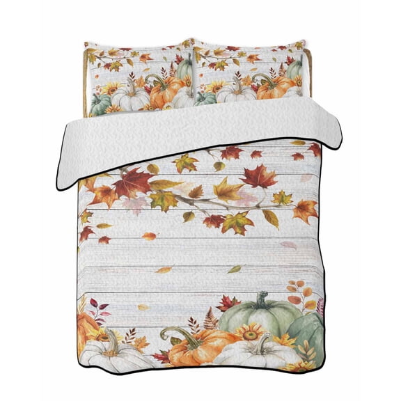 Twin Quilt Bedding Set, Green Orange Fall Reversible Summer Quilt 3 Pieces, Thanksgiving Pumpkins Maple Leaf Vintage Lightweight Bedspreads Coverlets with 2 Pillow Shams for All Seasons