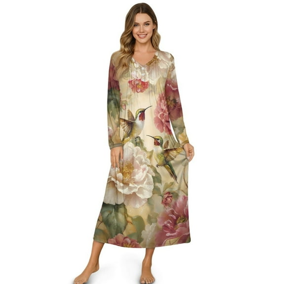 Tutolipy Hummingbird Floral Printed Nightgowns for Women Long Sleeve Sleepwear V Neck Loungewear Breathable House Dress for Home, S