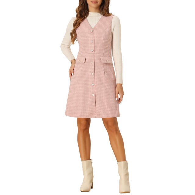 Vestido de mujer INSPIRE CHIC de cuadros de tweed, con escote en V, sin mangas, de un solo botón y con bolsillos, color rosa M