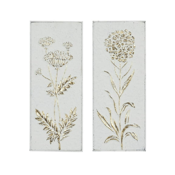 DecMode White Metal Panel Relief Floral Wall Decor with Gold Detailing (2 Count)