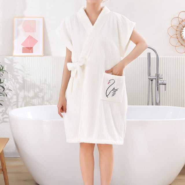 Soki Womens Robe Short Sleeve Bathrobe Soft Thickened Waffle with Pockets V-neck Loungewear Robe with 1 Hair Towel Wrap