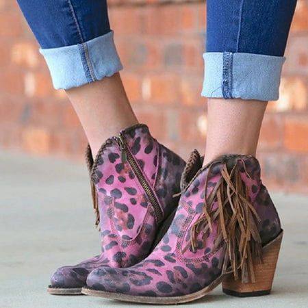 

Women Ankle Boots High Heel Zip up Pointed Toe Leopard Print Booties Tassel Shoes 38