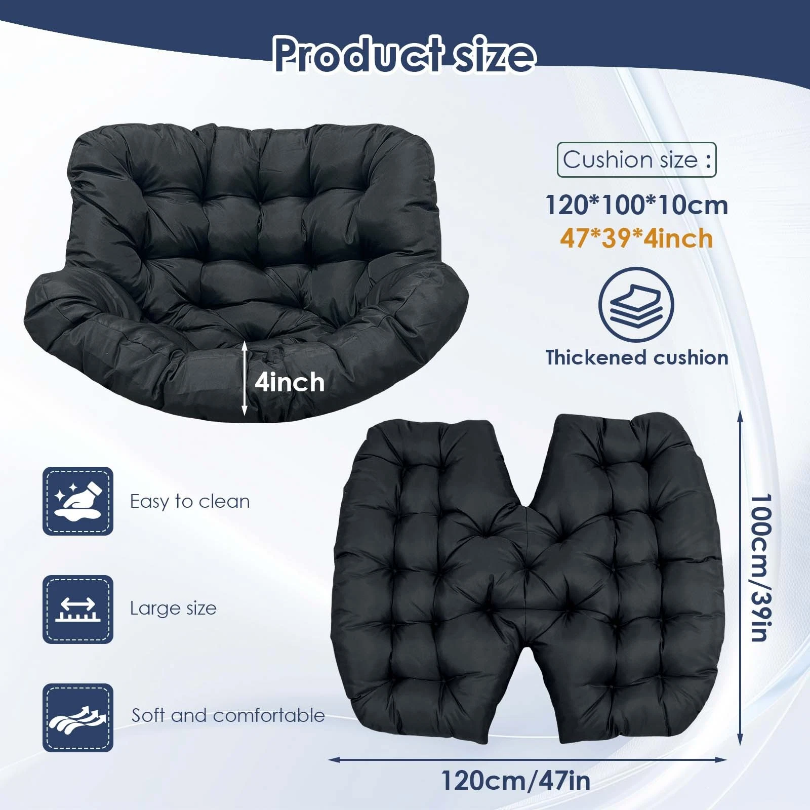 TOPCHANCES Egg Chair Cushion Only, Water-Resistant Outdoor Rocking Chair Cushion, Thick Papasan Seat Cushion with Ties for Patio, Porch, Balcony, Garden (Black)