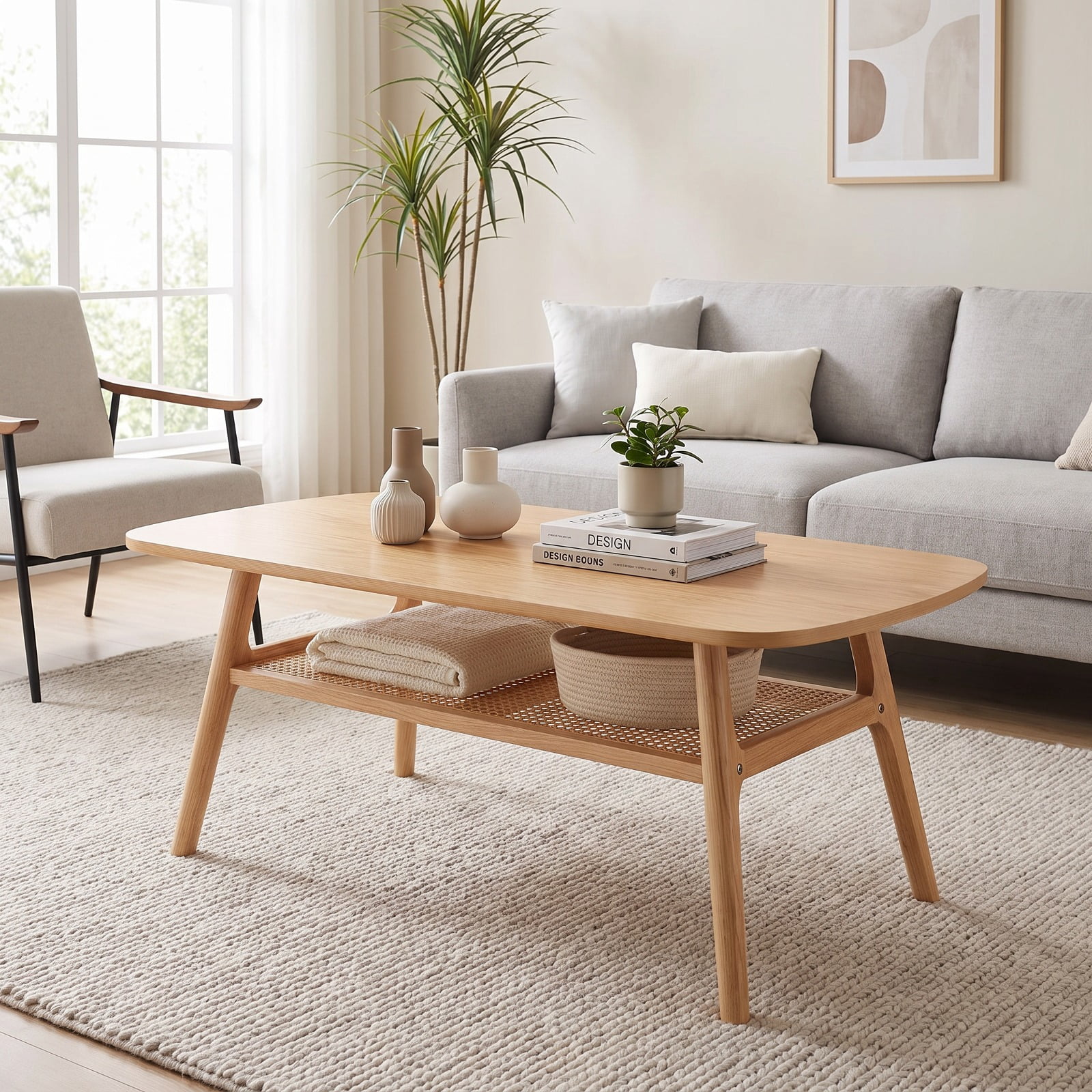 Furnibear 2 Tier Boho Rattan Coffee Table with Rounded Corners Rubber Wood Frame and Woven Open Shelf for Living Room, Natural