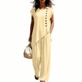 thumbnail image 4 of Favoffer Women's Two Piece Outfit Solid Color Button Front Short Sleeve Top Matching Long Pants Casual Loose Set Daily Commute Outdoor Loungewear, 4 of 6