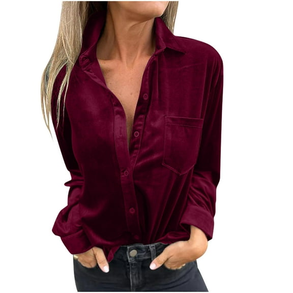 Plebaso Women's Velvet Button down Shirts Long Sleeve Shirt Casual Dressy Vintage Blouse Tops for Women
