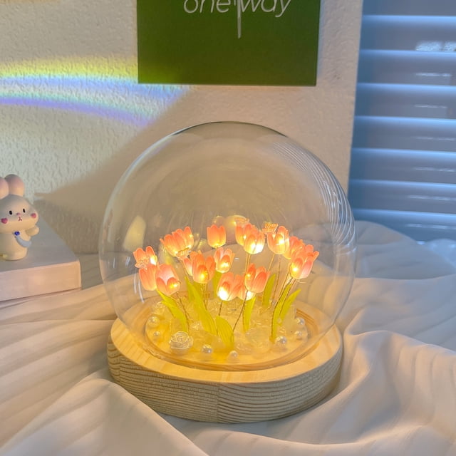 Lámpara de mesa LED con luz de noche de tulipán DIY de 20 flores para dormitorio hecha a mano