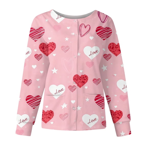 Valentine's Day Trendy Scrub Jackets for Women Spring Funny Heart Pattern Long Sleeve Scrub Jackets Working Uniforms with Pockets 2026