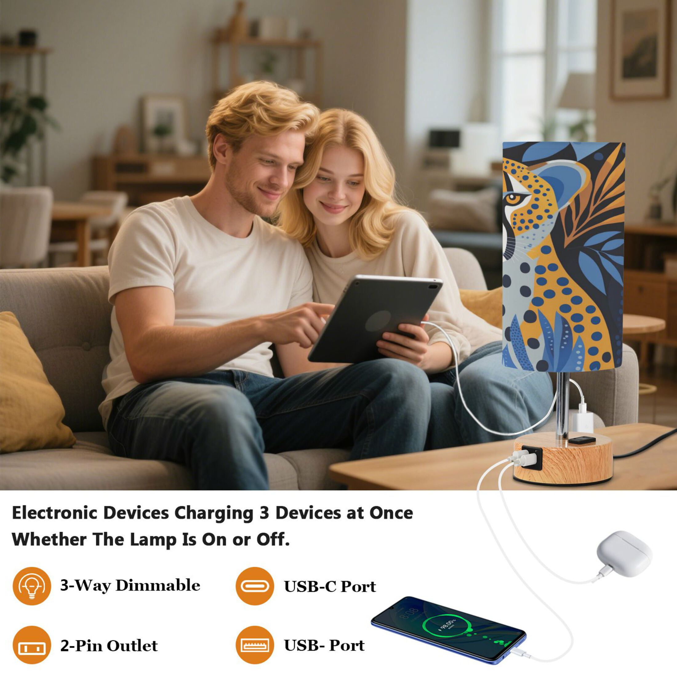 Touch-Control 3-Color Desk Lamp with Plug – Energy-Saving LED + 3 Simultaneous Charging Ports Cheetah in Cubist Style