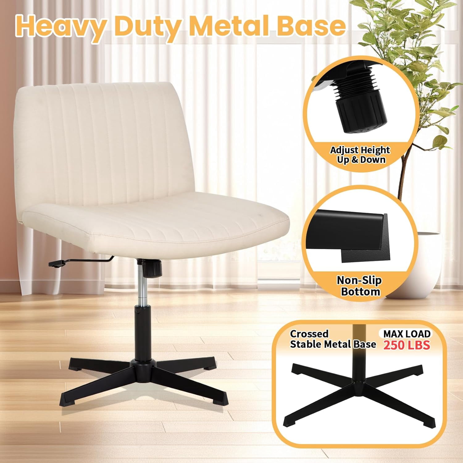 XF XINFENG Criss Cross Chair with back Armless Home/Office Chair No Wheels Modern Swivel Height Adjustable Ergonomic Desk Chair with Wide Seat Computer Task Vanity,Beige