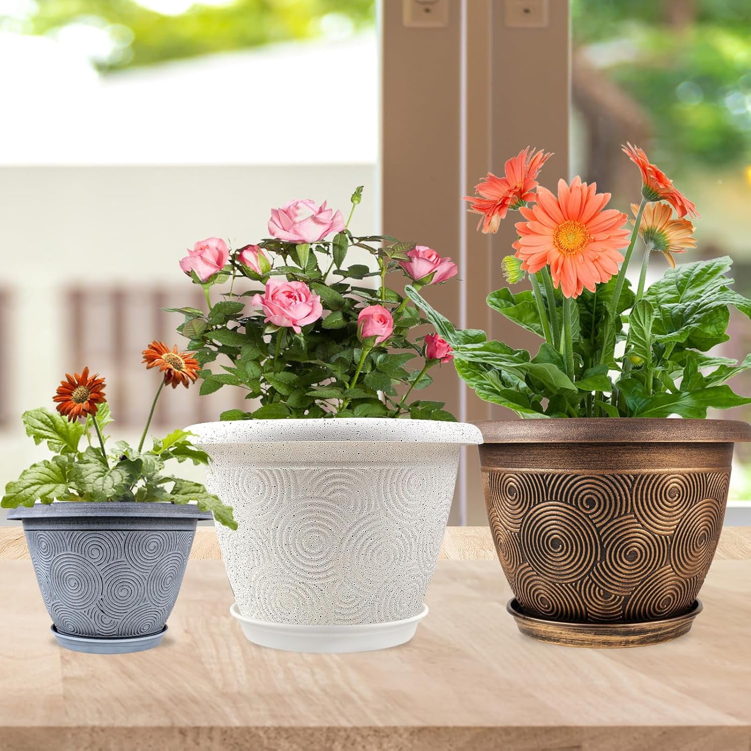 Plastic Flower Pots Planters for Indoor Plants, 4 Pack 12 Inch White Plant Pots with Drainage Hole & Tray, Modern Decorative Large Plant Pot with Saucer for Indoor Outdoor Plants Garden House Planter