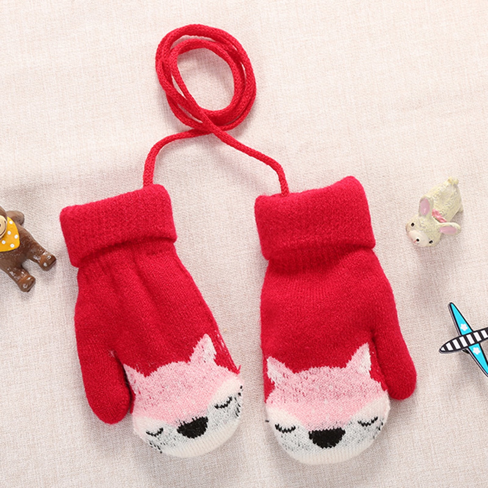 Cute Fox Toddler Gloves Boys Girls Winter Fleece Lined Mittens Kids Winter Warm Thicken Knit Gloves with String Red 