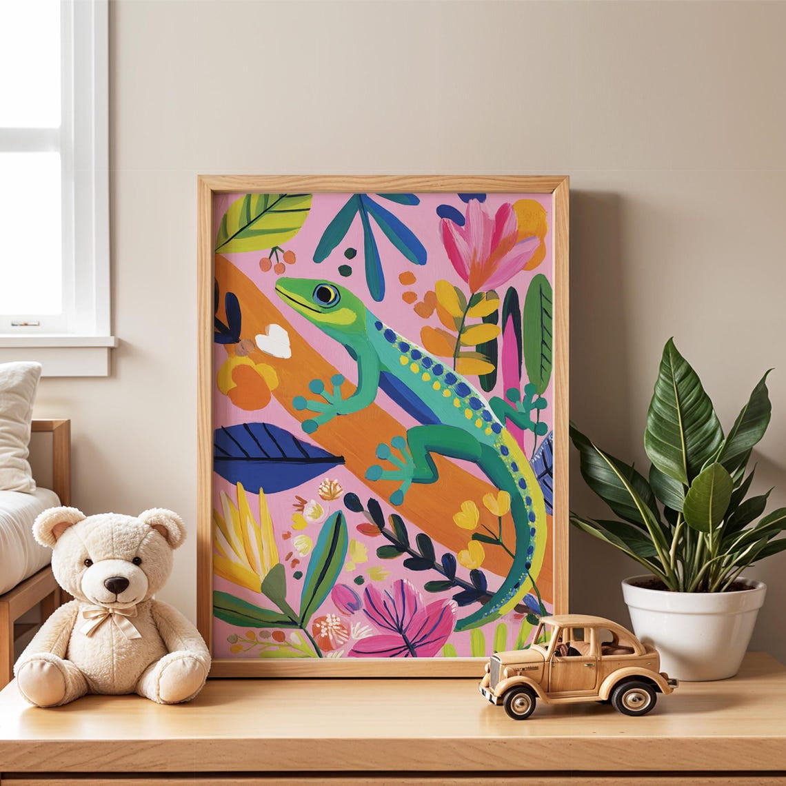 Gecko Nursery Colorful Jungle Animal Baby Room Playroom Toddler Decor Art Home Decor Office Wall Art