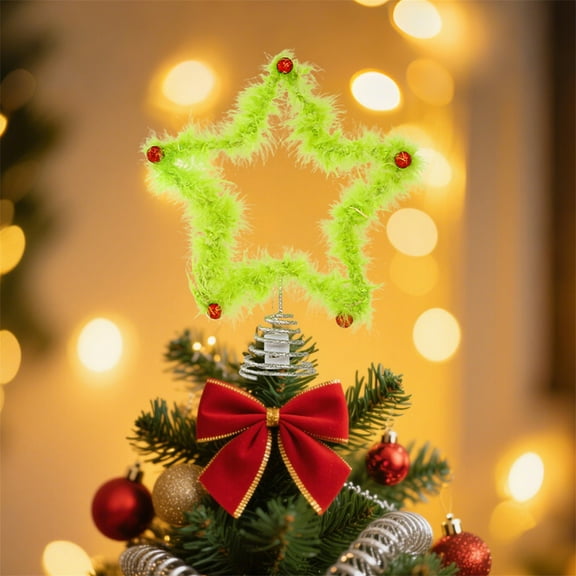 Rdhnmea Green Christmas Tree Topper Faux Fur Star Treetop Decoration Winter Holiday Supplies for Home