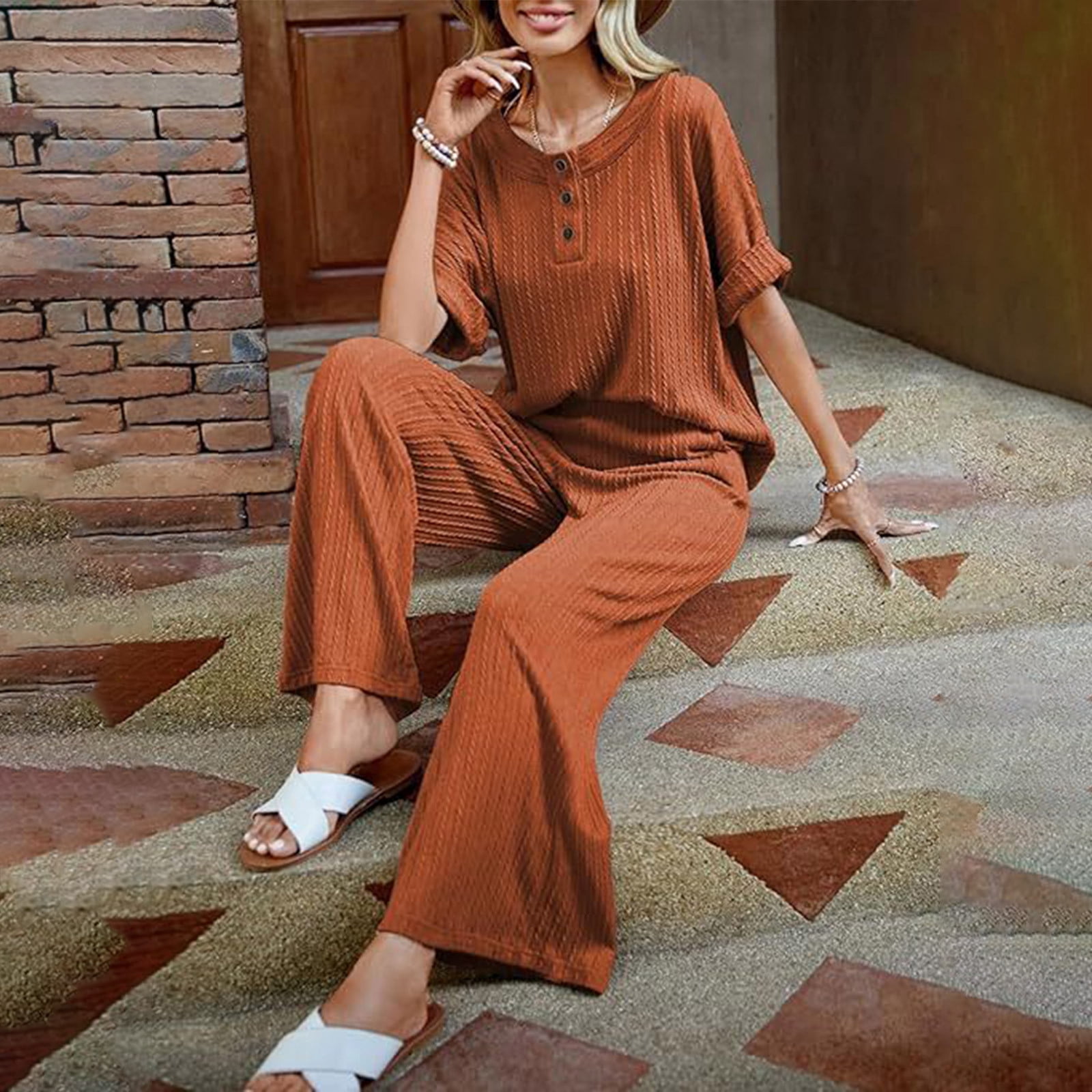 Pajama Sets for Women 2 Piece Short Sleeve 2 Piece Shorts Set for Women Solid Color Round Neck Short Sleeve Tops Pants Sets With Pockets