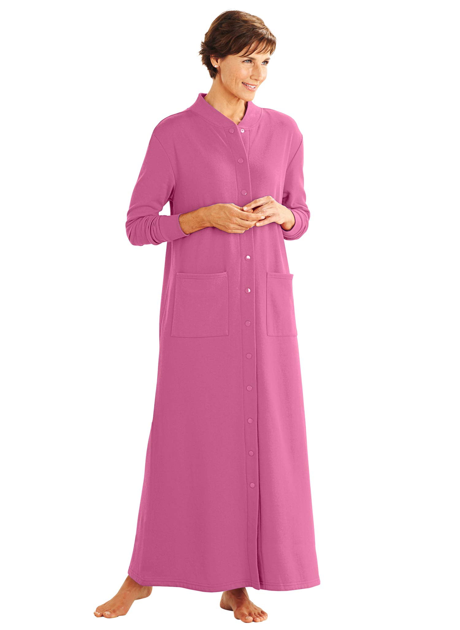 AmeriMark Women's Fleece Snap Front Long Bath Robe w/ Patch Pockets ...