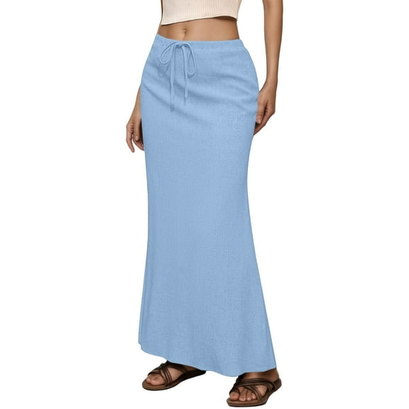 Trendy Women's High-Waisted Drawstring Maxi Skirt with Relaxed Fit Side Split Versatile for Everyday and Style