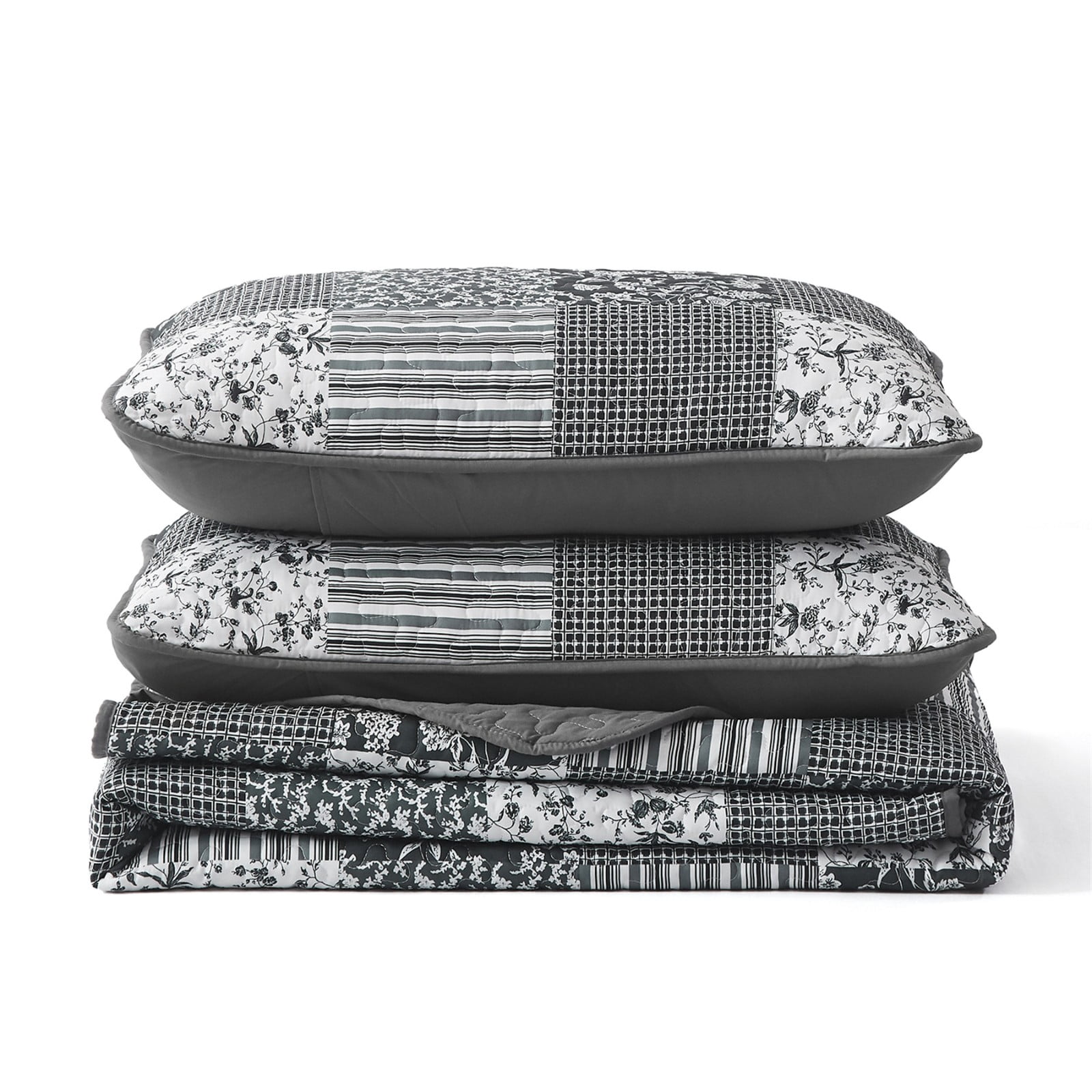 Dintszyayue Grid Patchwork Quilt Set King Size, 3Pcs Gray Bedding Sets Lightweight Adult(90"x110")