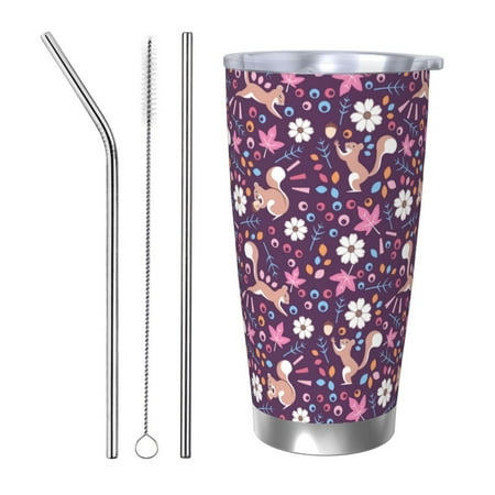

Vsdgher Cute Squirrel Floral 20 Oz Stainless Steel Vacuum Insulated Travel Mug Coffee Cup for Home Office Outdoor Works Great for Ice Drinks and Hot Beverage -Straw Three-piece Set