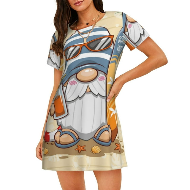 Easygdp Hello Summer Cute Gnome Camisón de manga corta para mujer, informal, estampado