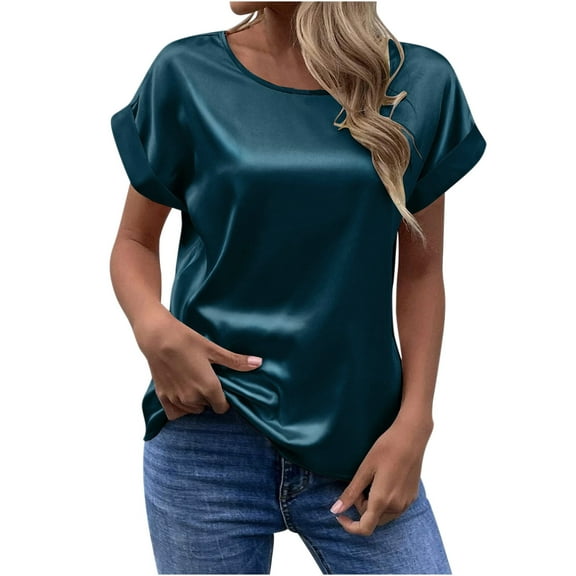Summer Xqxayjr Womens Loose Fit Tunic Tops Under $5 Summer Tops Roll Up Sleeve Short Sleeve Satin T Shirt Crewneck Silk Going Out Clothes Mother's Day Gifts