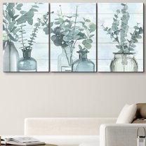 PixonSign Canvas Print Wall Art Set Green Forest Leaves in Teal Bottle Vases Floral Wilderness Watercolor Modern Art Chic Group Relax/Calm Multicolor Pastel for Living Room, Bedroom - 24"x36"x3
